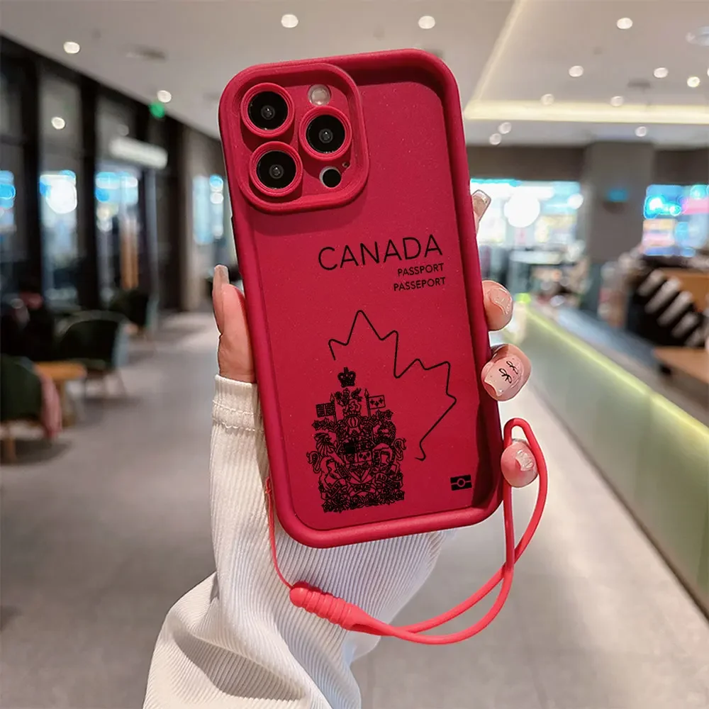 Canada Passport Phone Case for IPhone 16 15 14 13 12 11 Pro Max Mini XR XS X 7 8 Plus Soft TPU Back Cover With Hand Strap