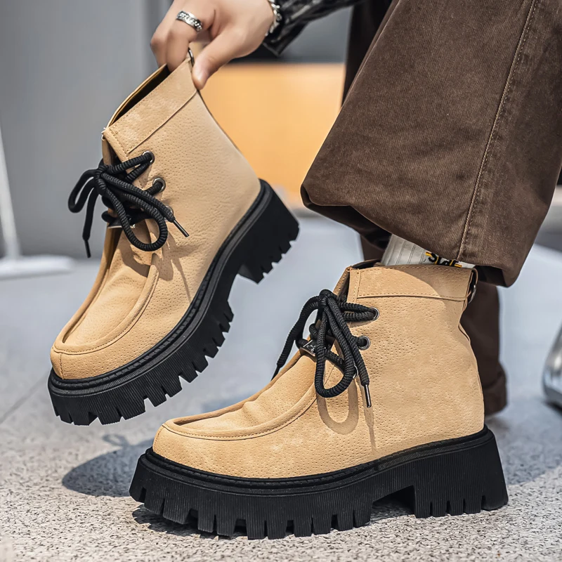 

Thick-Soled Casual Chunky Men's Boots, Elevator Lace-Up Outdoor High-Top Men's Boots, Chelsea Boots