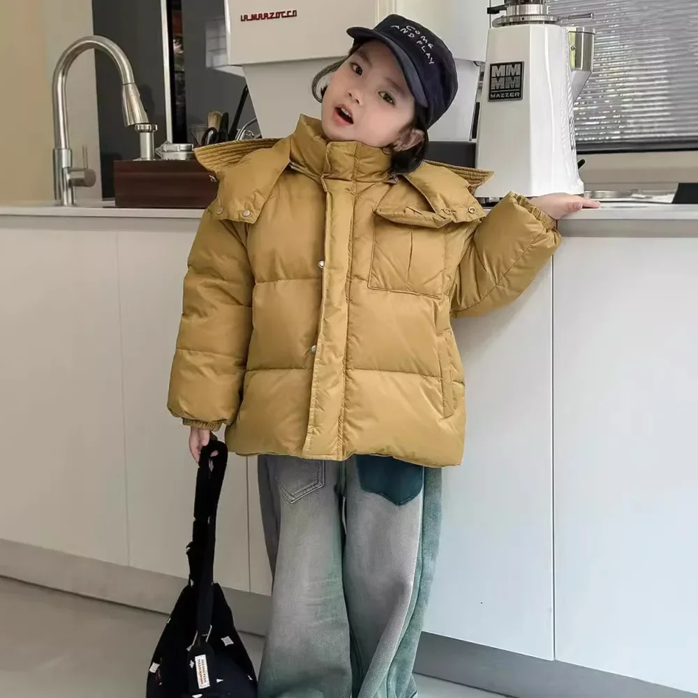 

Children Clothes 2024 Winter New Korean Style Girls White Down Jacket Hooded Long-sleeved Fashionable Casual Simple Warm Coat