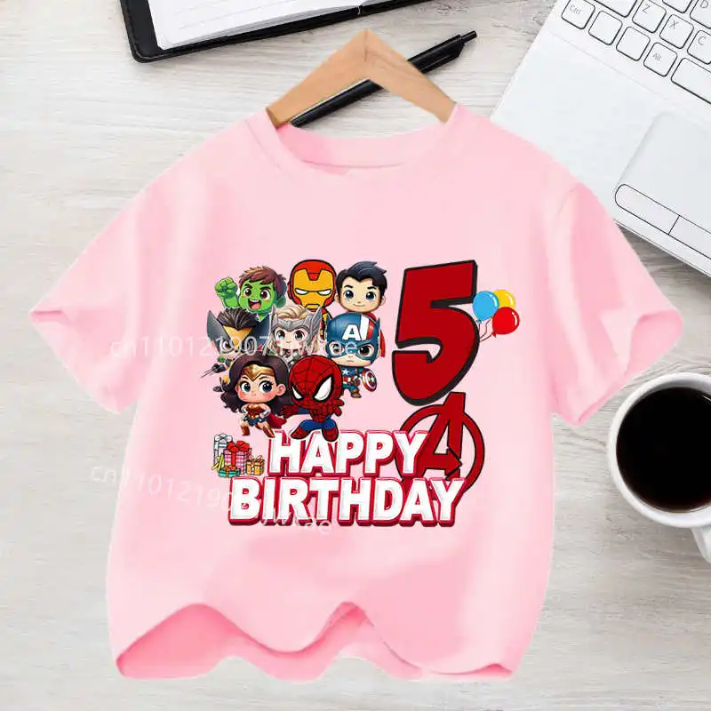 

Summer Short Sleeved Superhero 2-9th Birthday Party T-shirt Cartoon Print Parent-child Outfit New Casual Round Neck T-shirt