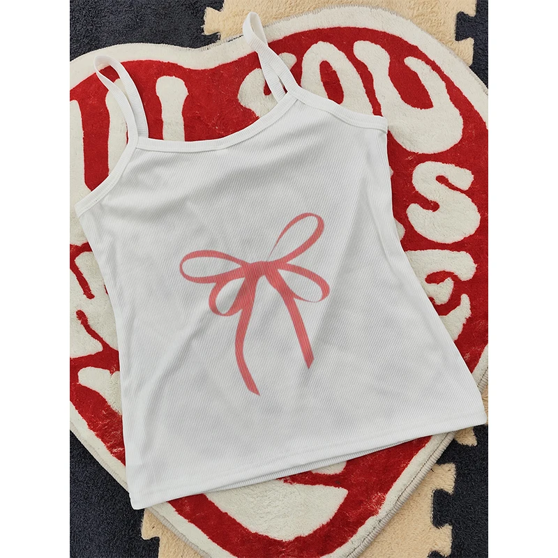 In 2000, Clothes Retro Corset Vest Baby T-shirt Female Aesthetic Y2K Red Bow Print Garbage Gothic Sling Short-sleeved Shirt