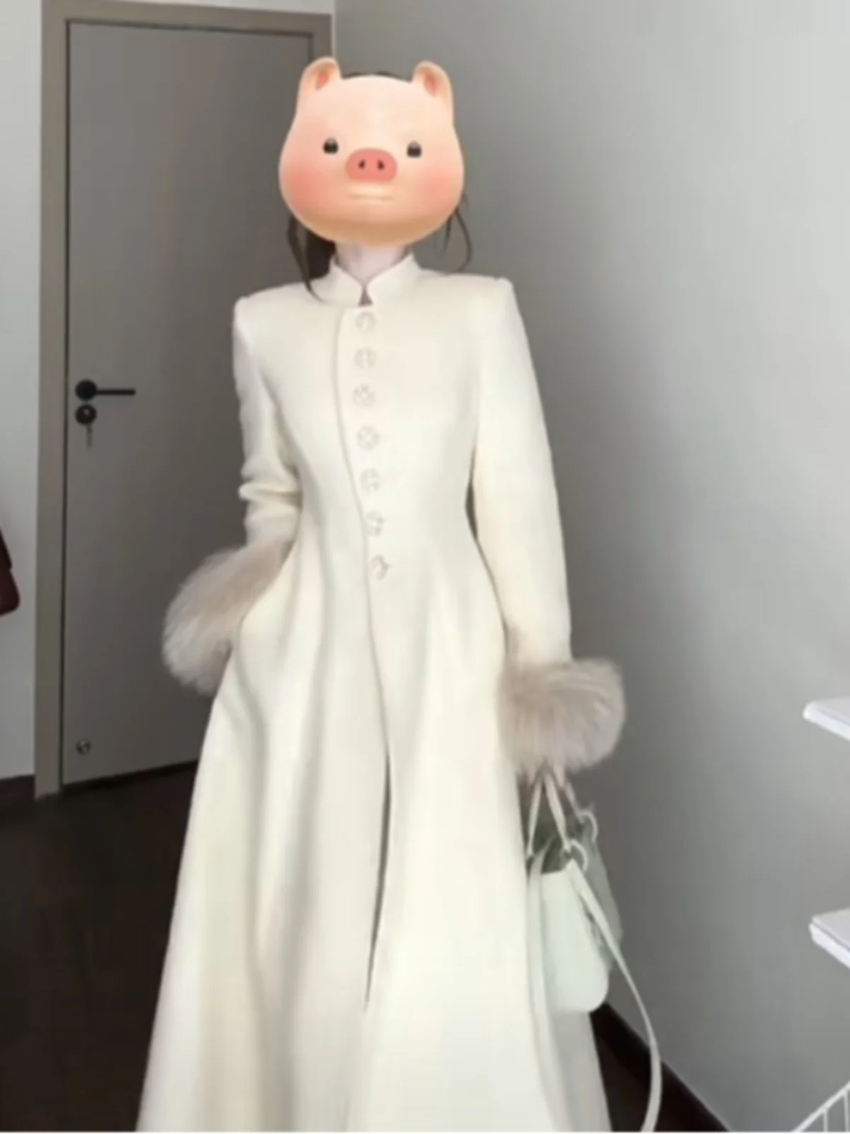 엘레 허리 조임 롱코트 여성용 울 재킷 한국 스타일 출퇴근용 티엔드 롱 스웨트 순색 버튼 디자인