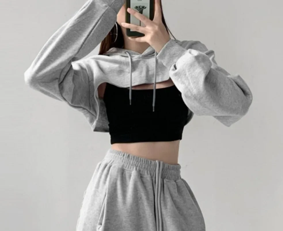 Sweats à capuche courts à manches longues pour femmes, Streetwear, Monochromatique, Décontracté, Mode coréenne, Nouveau, Chic, At Crop, PVD