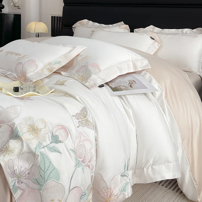 

100% египетский хлопок, роскошный комплект постельного белья с вышивкой бабочки, королевский размер, пододеяльник, простыня/простыня, наволочка