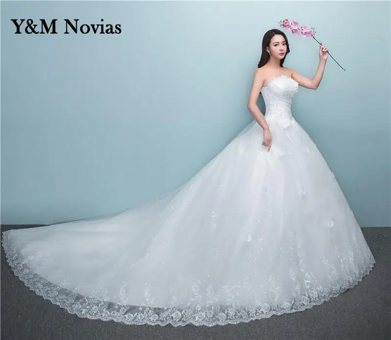 New Luxury Beading Brush Train Lace Up Wedding Dress Sexy Strapless Applique Customized Plus Size Bridal Gown Vestido De Noiva