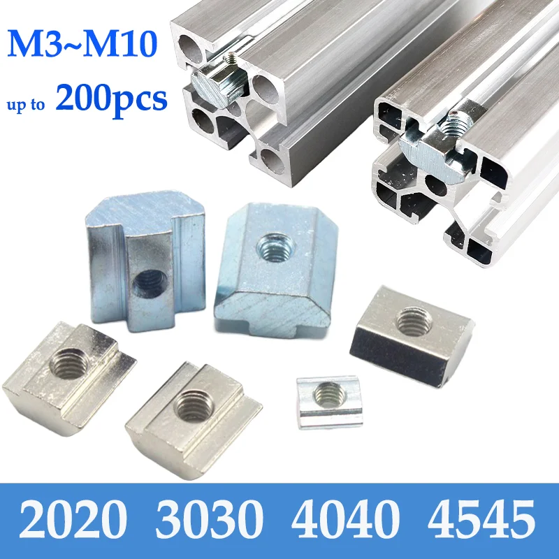 

200x M3 M4 M5 M6 M8 T Shape Block Slot Sliding Nut in Hammer for 2020 3030 4040 45 Connection Aluminum Profile Track Square Nuts