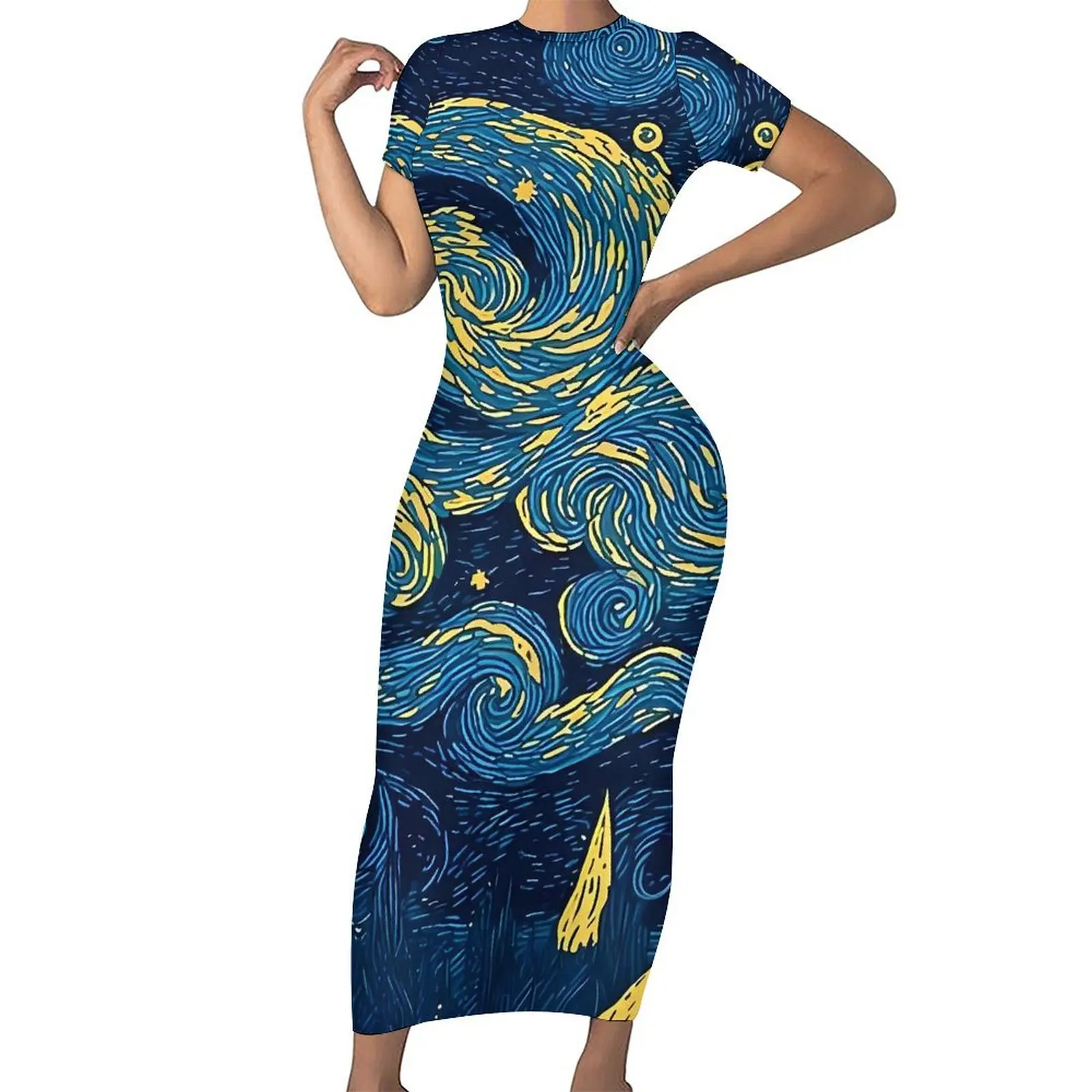 The Starry Night Abstract Art Bodycon Dress Holiday Night Club Maxi Dresses Women Short Sleeve Pattern Aesthetic Dress Big Size