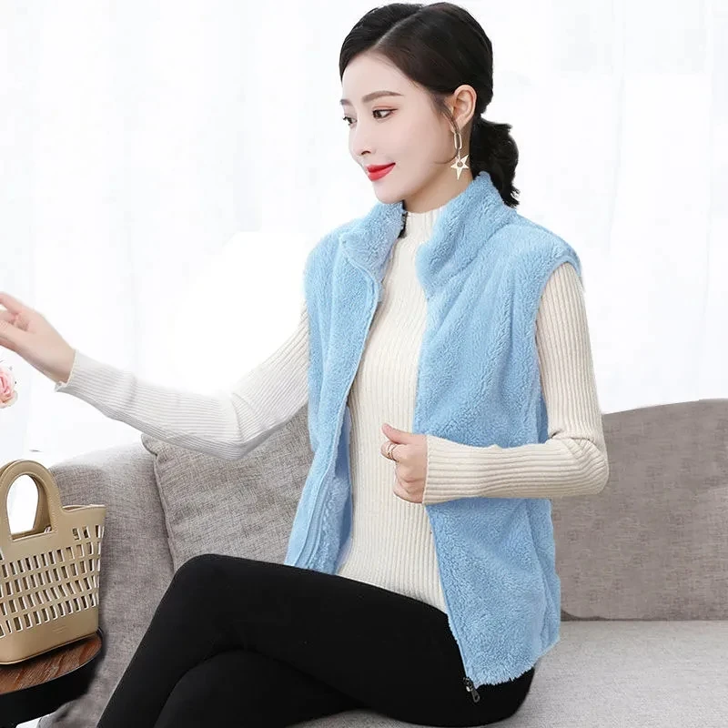 Autumn Thin Polar Fleece Vest Middle Aged Women Coral Velvet Warm Short Jacket Double Sided Zipper Coat Sleeveless Waistcoat 4XL