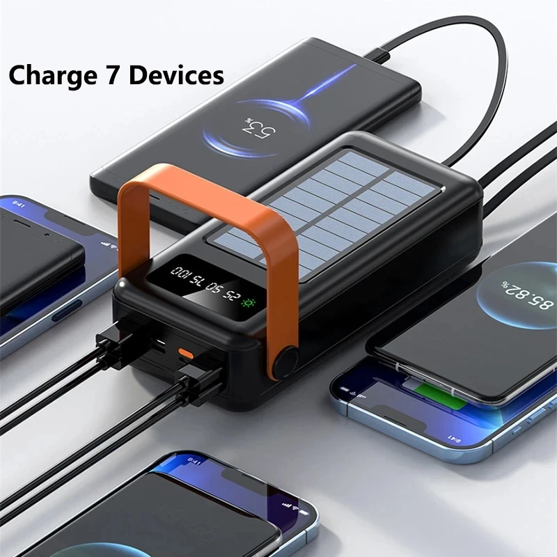 100000mAh Solar Panel Power Bank Fast charging Comes with Four Wire External Battery Pack with Flashlight For Outdoors