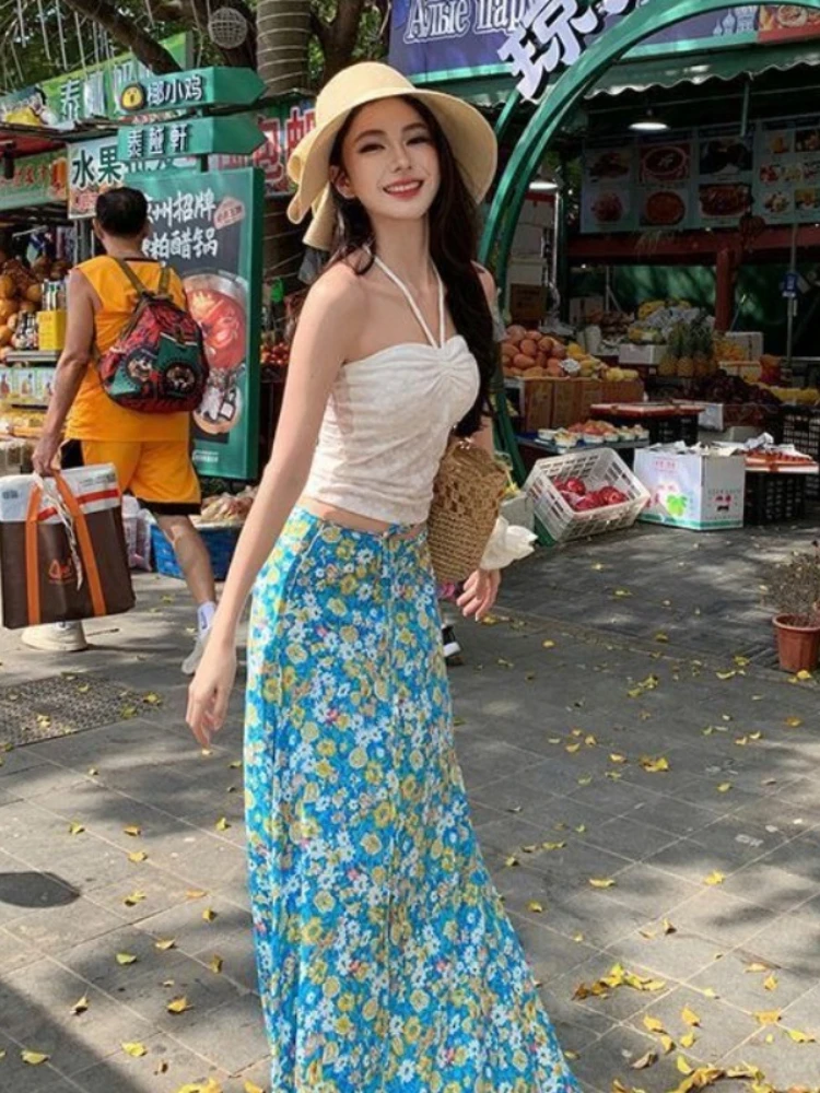 Letnie komplety dwuczęściowe w stylu imprezy na plaży, jednolite kolory, seksowne, dopasowane topy bez ramiączek + eleganckie spódniczki w słodkim stylu z nadrukiem w stylu lat 2000, vintage'owe komplety.