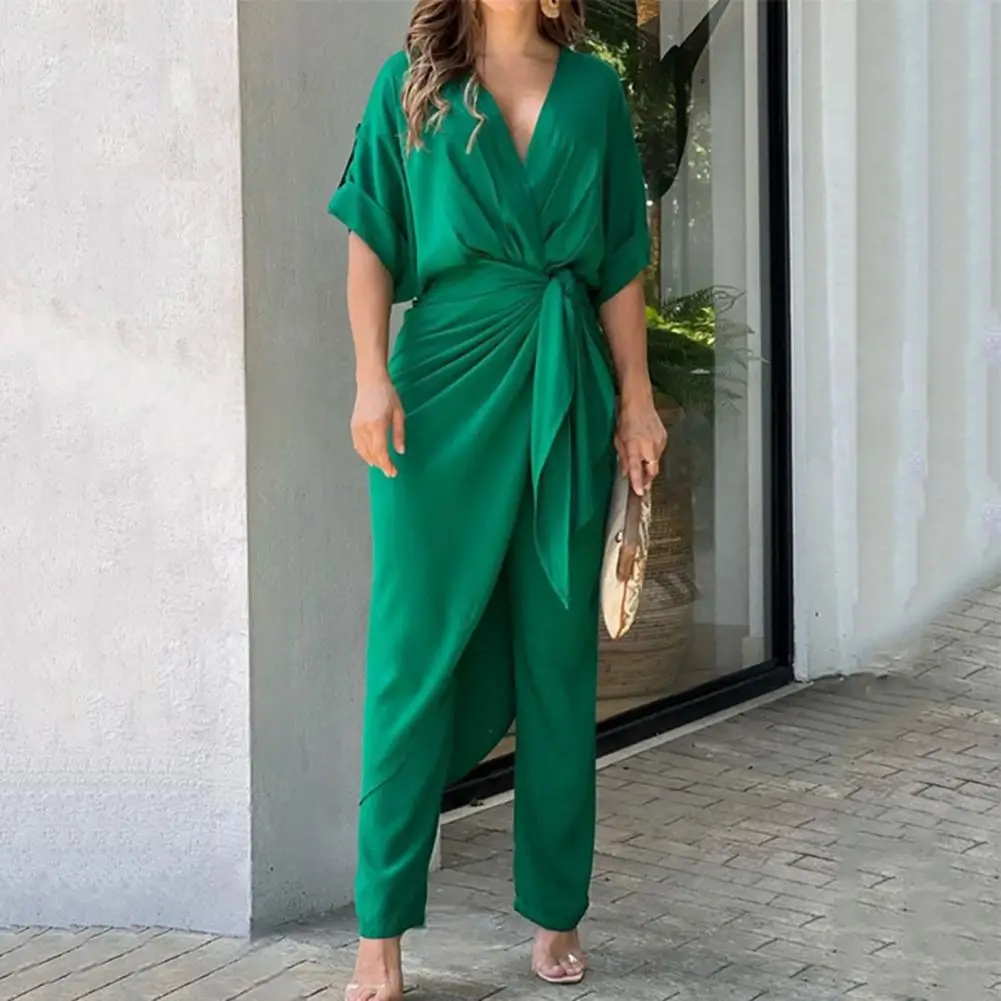 

OL Style Women Jumpsuit Deep V Neck Pleated Knot Irregular Hem Dress-up Ankle Length Commute Women Jumpsuit Lady Garment