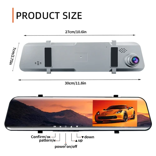 Imagen 2 del producto Cámara de salpicadero de 5MP para coche, lente Dual opcional, visión nocturna, 12 pulgadas, DVR, espejo retrovisor, grabadora de vídeo, cámara gran angular automática