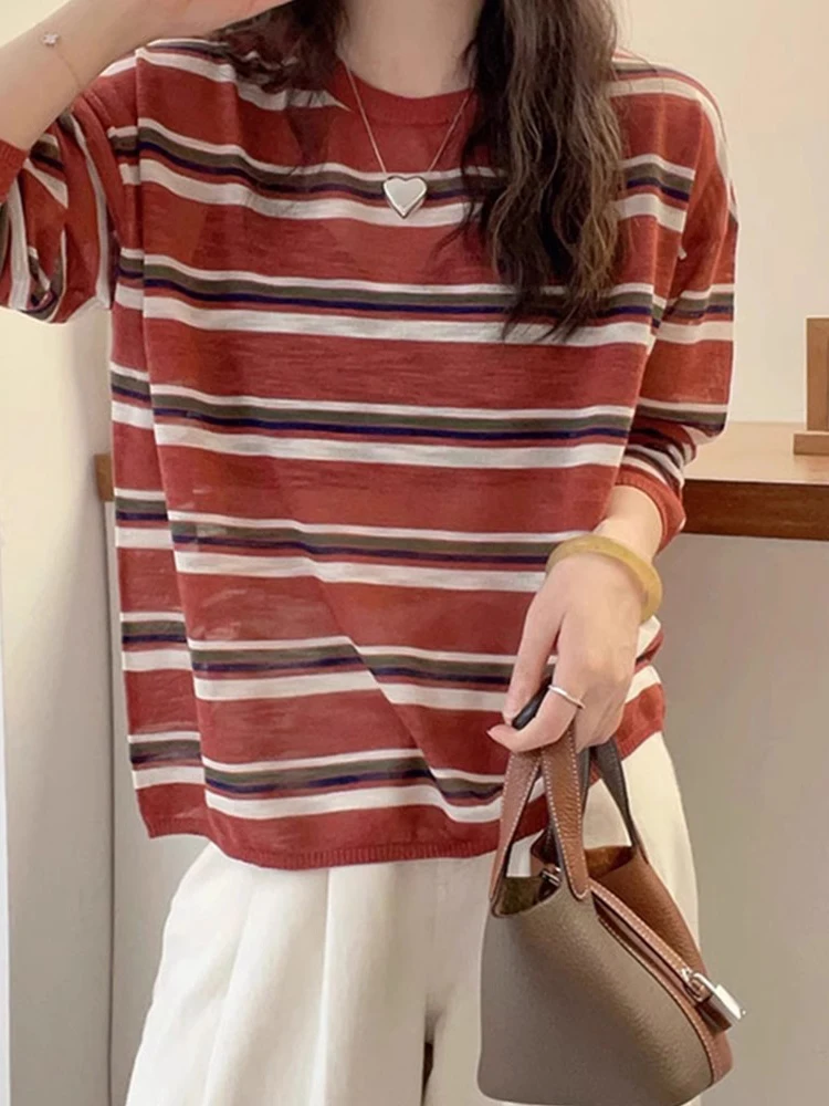 

Linen Faion Top Versatile round Ne Pattern Design Ice Silk Knitted Long Sve Sun Protection Women's T-irt Commute Sle