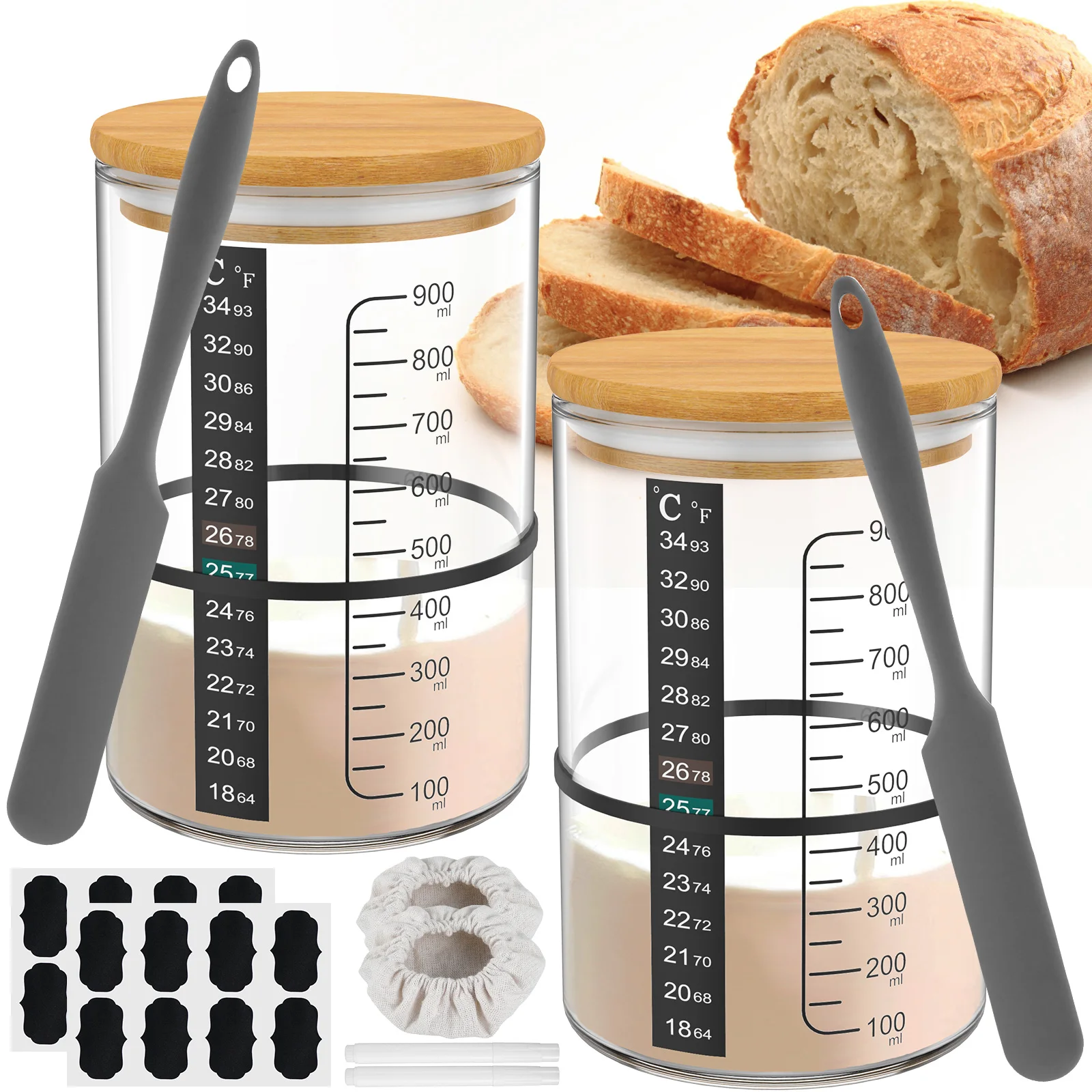 

900ML Dough Starter Jar Kit Sourdough Fermentation Container Clear Glass Sourdough Starter Cups with Lids and Scraper for Baking
