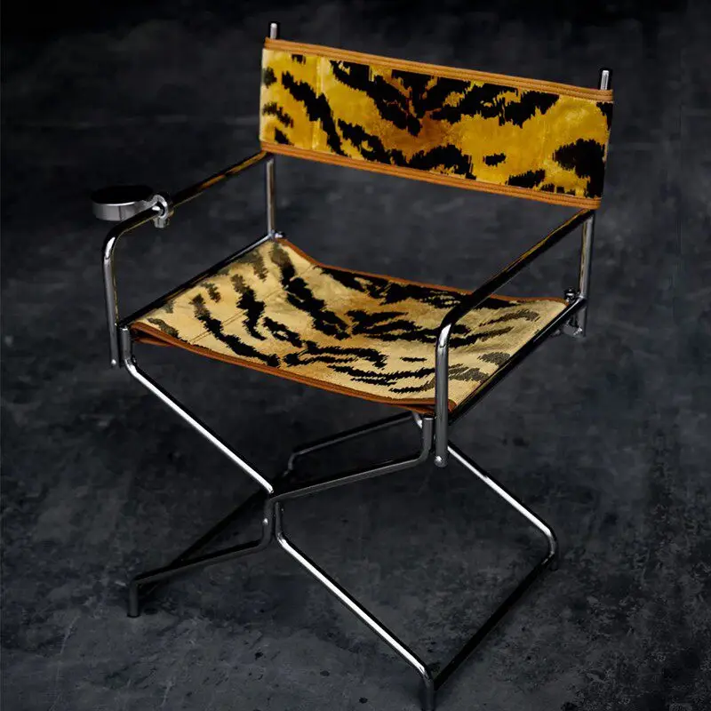 Retro tiger pattern fabric dining chair household backrest chair balcony outdoor leisure folding chair sedentary, comfortable