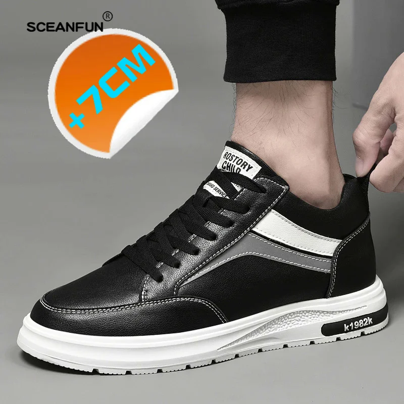 Genuine Leather Invisible Height Increasing  7cm White Men'S Board ELevator  Designer Sports Casual Sneaker Board  Tennis Shoes