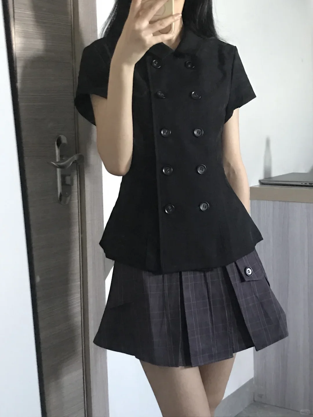 Vintage Y2K Preppy Short Sleeve Top Lapel Double Breasted Button Waist Cinched Slim Fitted Office Streetwear Top Women Blouse