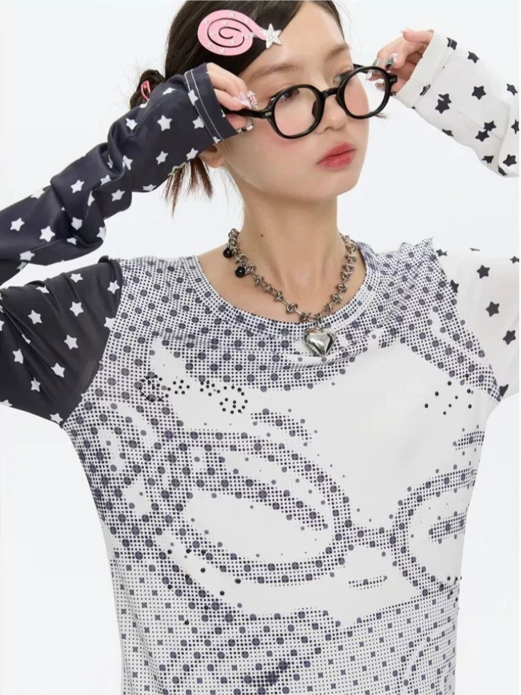 HOUZHOU Y2k Vintage Anime Juminocore Women T-Shirts Polka Dot Long Sleeve Japanese Harajuku Fashion Slim Tees Subculture Gyaru view 5