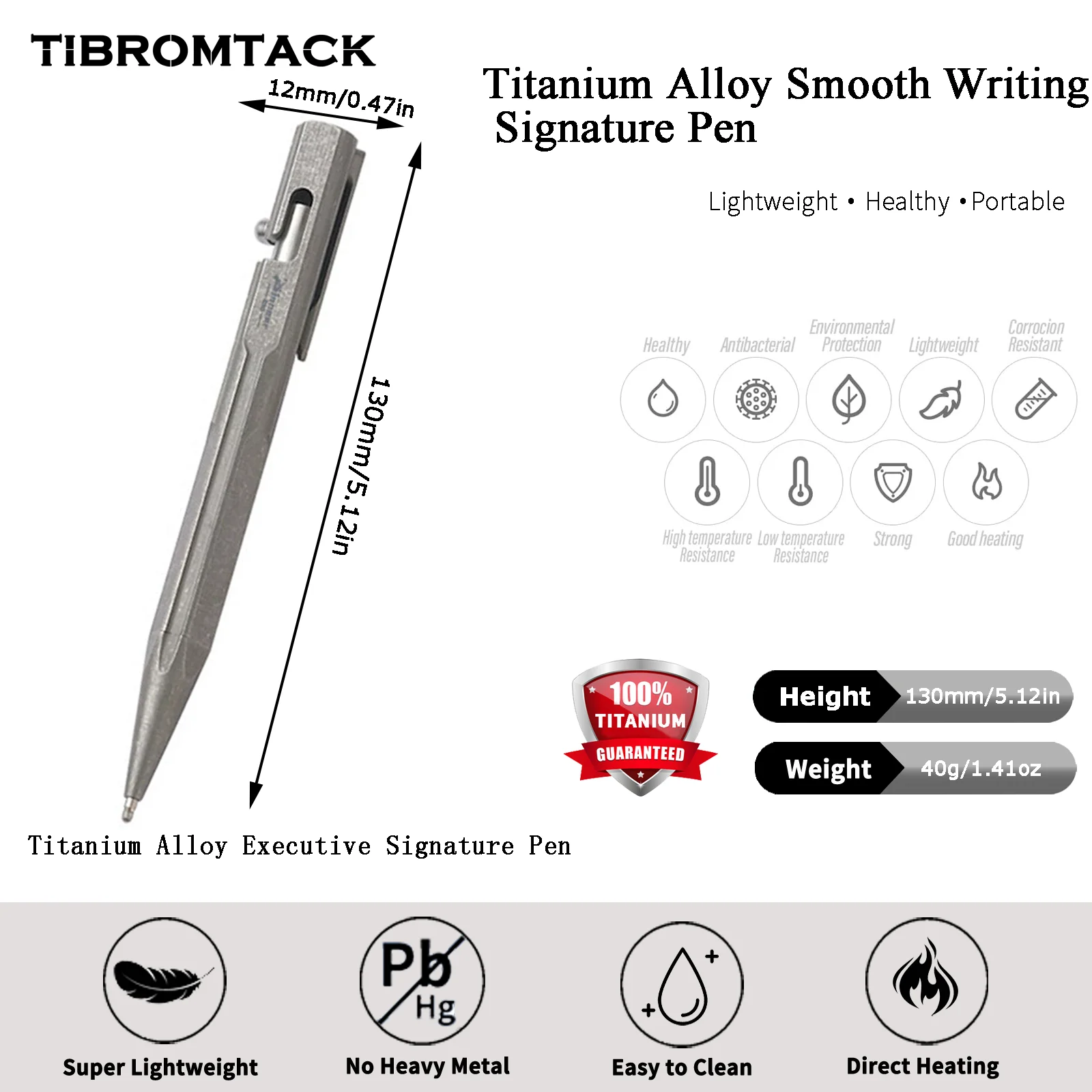 TIBROMTACK Pure Titanium Bolt Action Pen - 130mm/5.12in 40g EDC Fidget Pen | Steel-Strength Titanium Pen for Writing