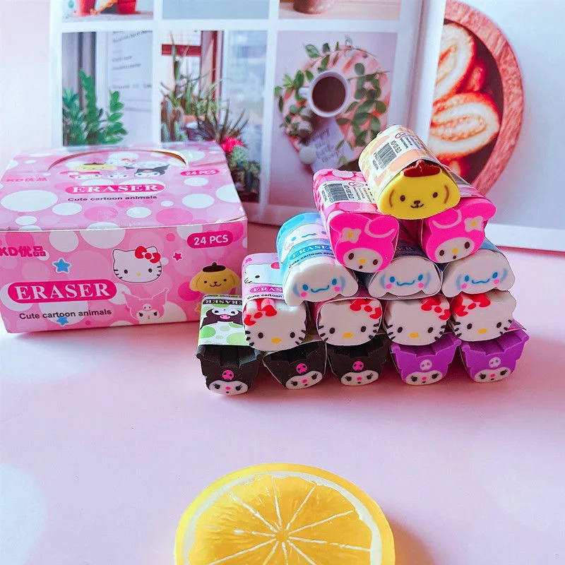 Sanrio 12/24 stücke Cartoon Radiergummi niedlich Kuromi Cinna moroll Hallo Kitty Kawaii Streifen schneid bare Gummi Schule Briefpapier für Kinder