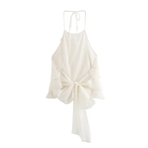 Imagen 2 del producto Top corto con cuello halter y volantes en capas para mujer, traje de playa sexy y cómodo para vacaciones de verano