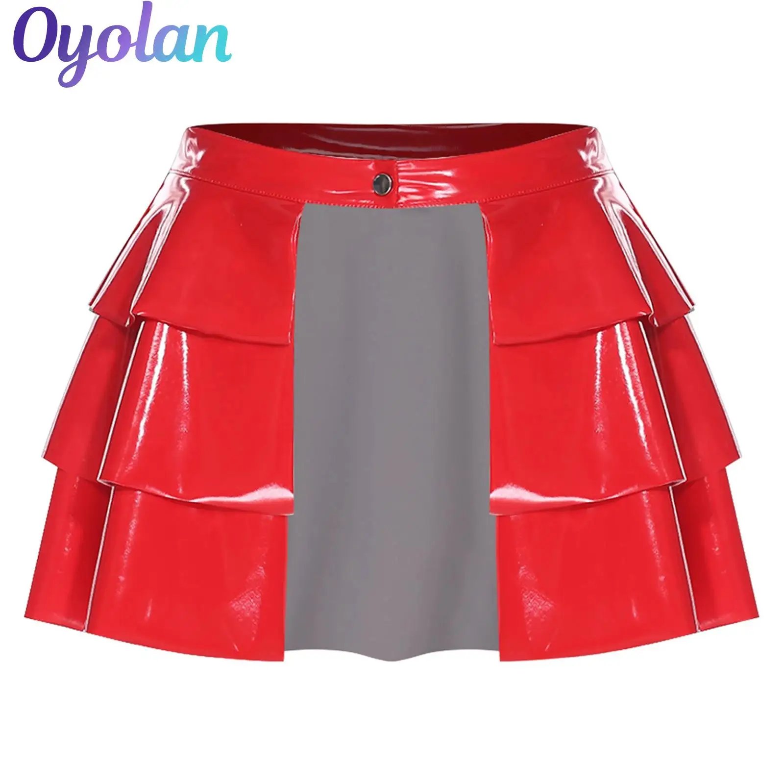 

Womens Glossy PU Leather A-line Miniskirt Front Open One-button Waist Tiered Ruffled Hem Latex Skirts Rave Clubwear Costume