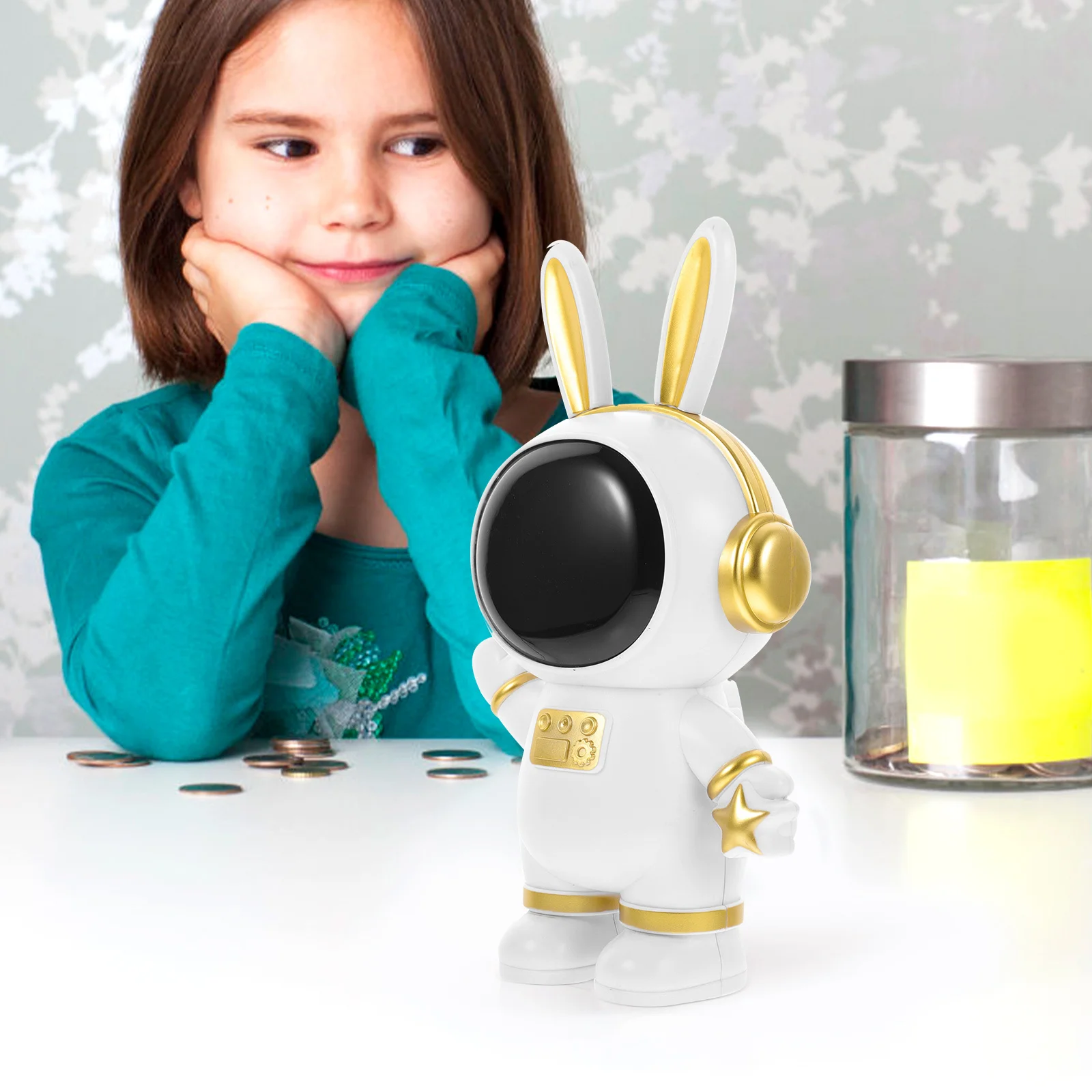 Coelhinho branco fofo, jarra de vidro inquebrável, suporte para dinheiro infantil, modelo decorativo de vinil de astronauta para crianças