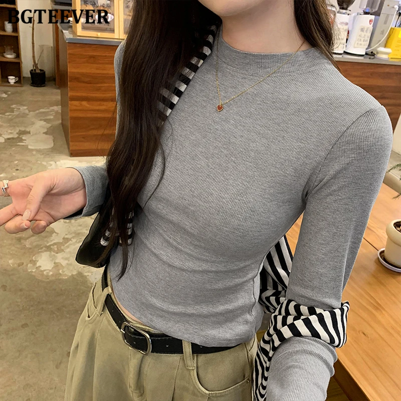 BGTEEVER Fashion Autumn Winter Basic Ladies Skinny Pullovers T-shirts Stylish Long Sleeve O-neck Women Solid Stretched T-shirts