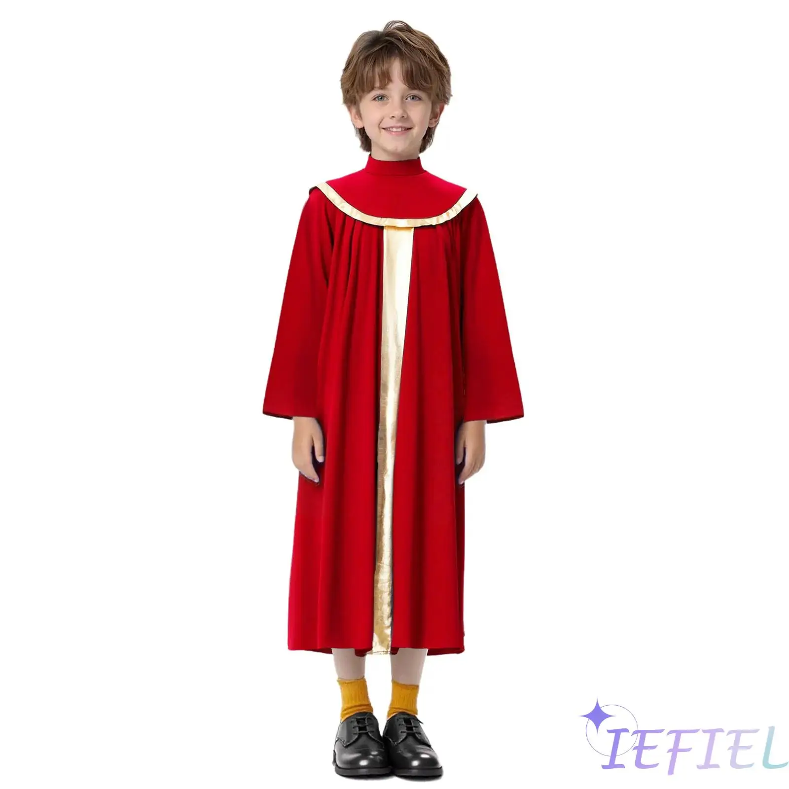 

Kids Boys Girls Choir Robe Worship Praise Dance Costume Mock Neck Long Sleeve Metallic Color Block Patchwork Pleated Gown