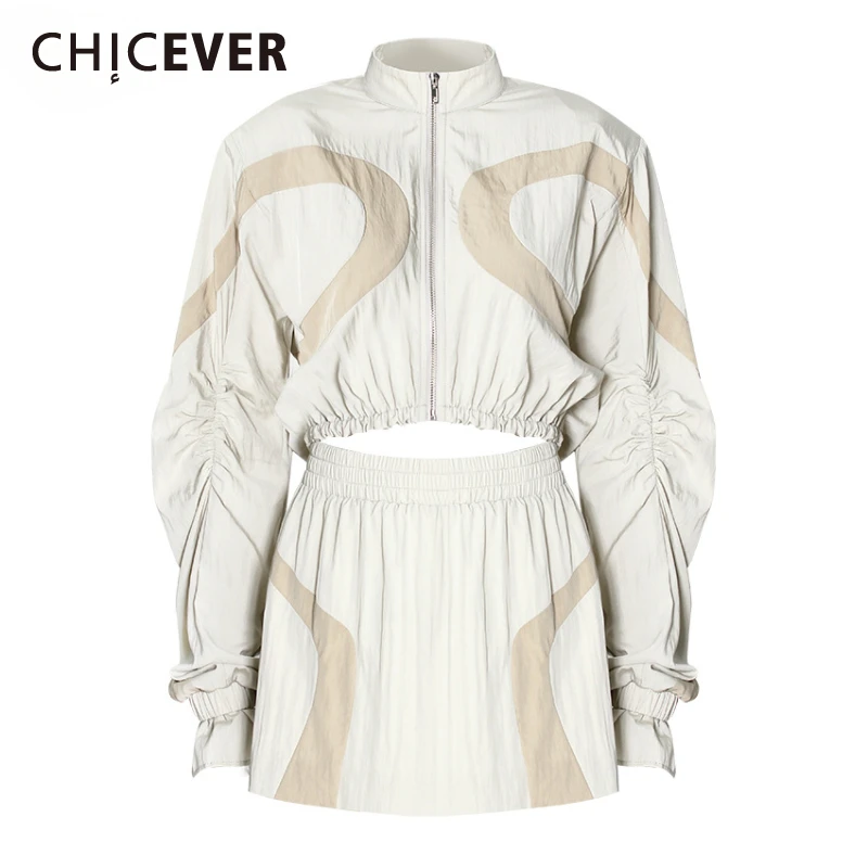 

CHICEVER хитовый цветной комплект из двух предметов для женщин, воротник-стойка, лоскутное пальто с длинными рукавами и завязками, юбка с высокой талией, летний женский костюм