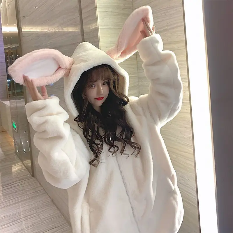 QWEEK Kawaii Hooded Sweatshirts Harajuku Zip Up Hoodie Faux Lamb Fleece Pullover Bunny Ears Oversized Hoodie Japanese Fashion