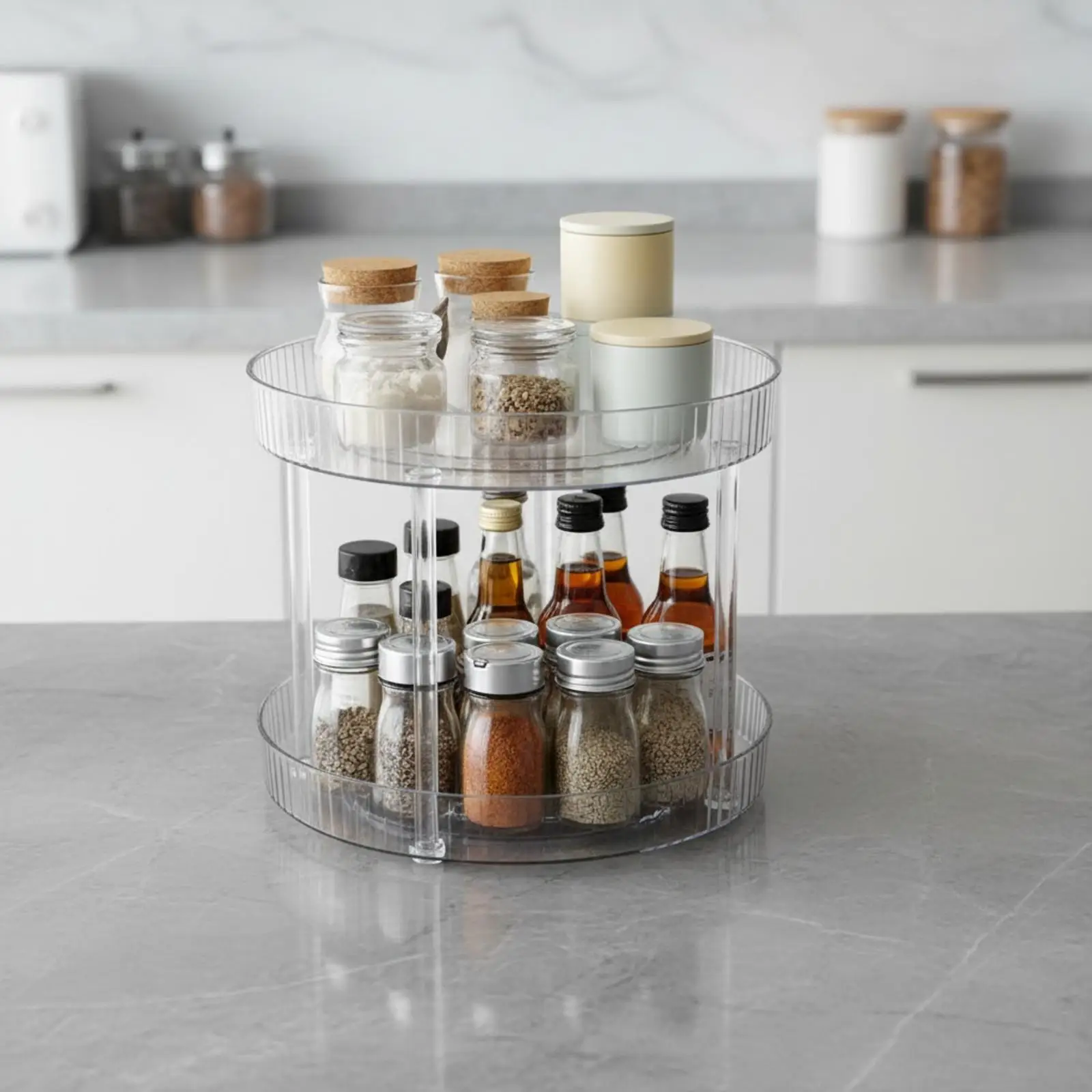 Frosted Striped Countertop Turntable Transparent Clear Rotating Organizer with Raised Rim Rotating Countertop Organizer