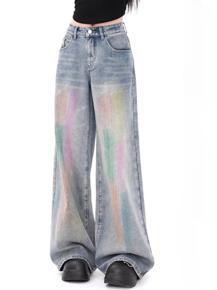 ADAgirl-Pantalon en denim imprimé arc-en-ciel Harajuku pour femme, jean taille haute surdimensionné, streetwear vintage, hip hop, décontracté, fjk, Kpop, Y2K