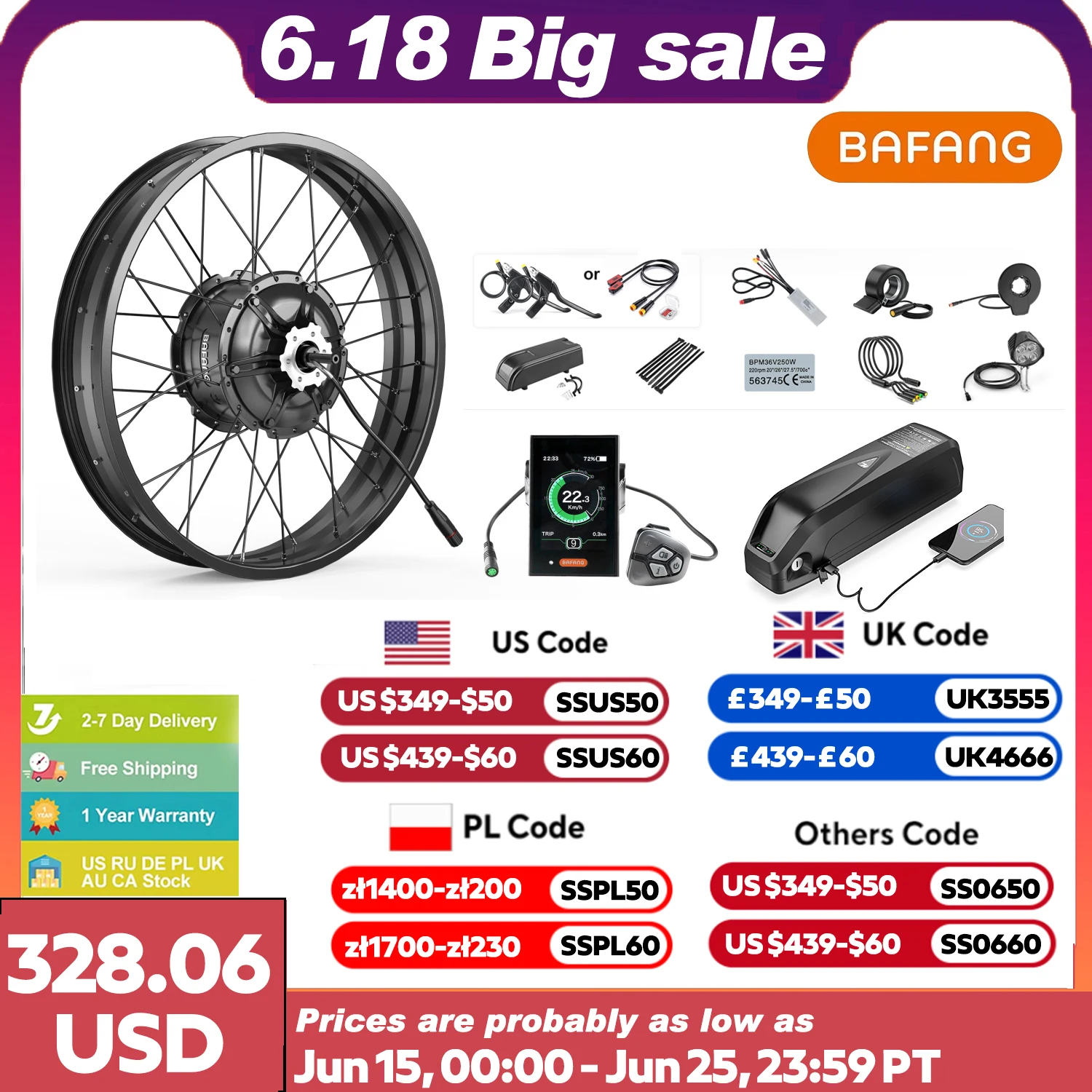 

Bafang 48V 1000W Rear Hub Motor Fat Bike Electronic Kit Electric Bike Conversion Kit For 20-26 inch With 48V 13 17.5 19.2battery
