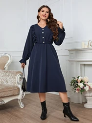 Women's Casual Puff Long Sleeve Midi Dress Lady Party Dresses Plus Size Solid Color Fashion Clothing 3XL 4XL