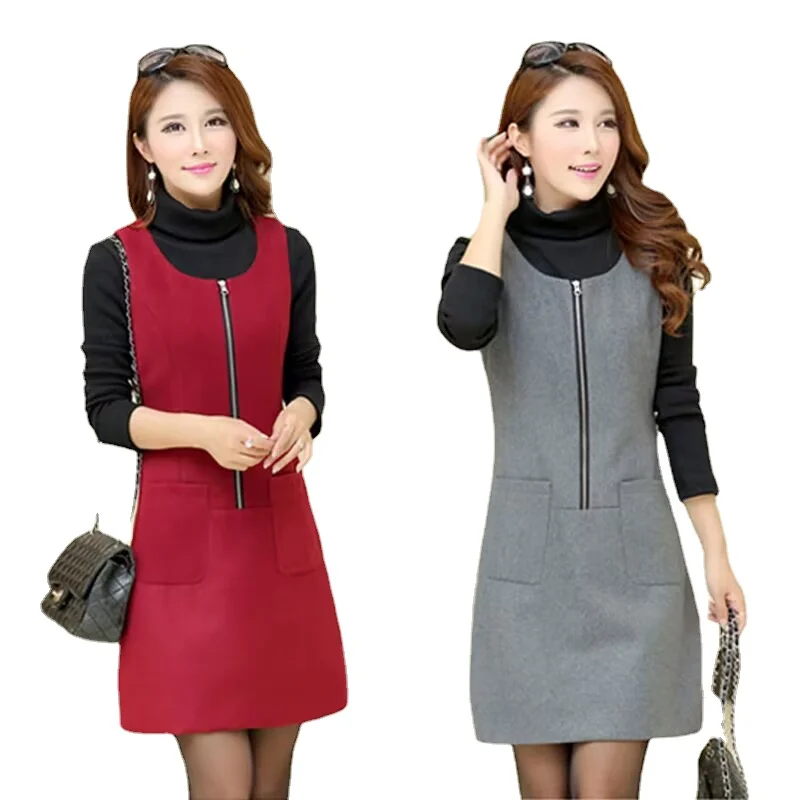 Women dress High quality fashion large, multi-pocket autumn winter dresses primer slim sleeveless wool vest dresses for women 01