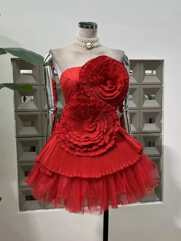 

High Quality 3D Pleated Flower A Line Sexy Wedding Mini Dress Celebrity Evening Party Women's Strapless Mesh Designer Clothes