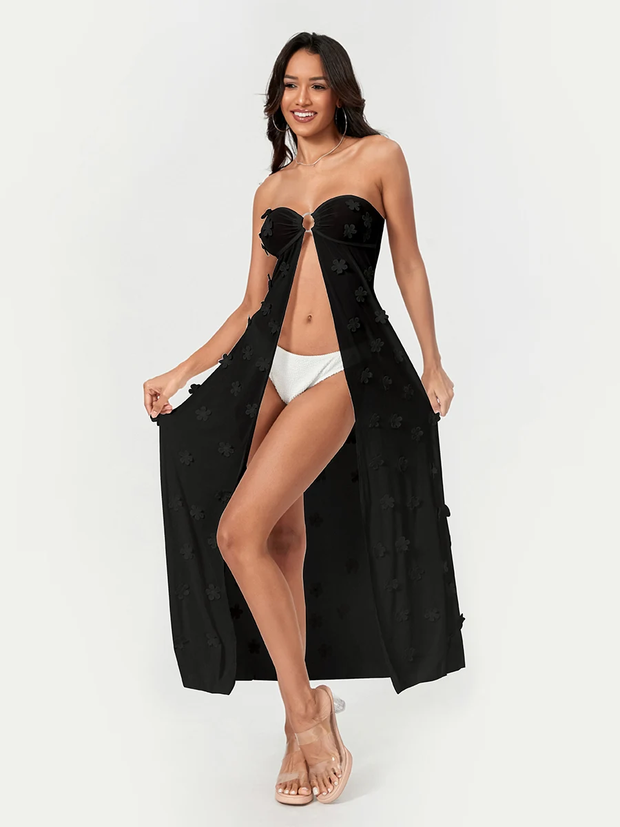 Robe de plage transparente sans bretelles pour femmes, cover-up orné de fleurs, tenue de bain d'été