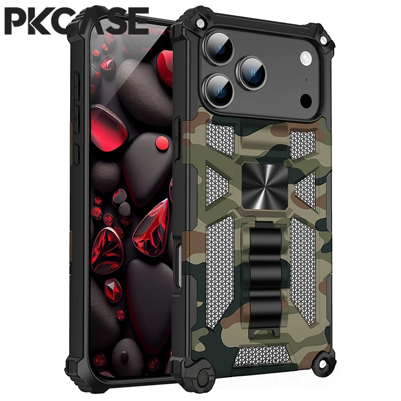 PKCASE stoßfeste Camouflage-Rüstung Handyhülle für iPhone 17, Air 16, 15, 14 Plus, 13, 12, 11 Pro Max, unsichtbare Halterungsabdeckung