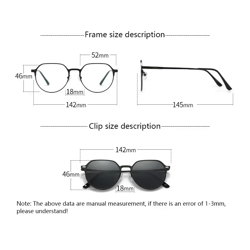 3 in 1 Polarized Sunglasses Men Magnetic Clip On Glasses Metal Frame Optical Prescription Eyeglass Magnet Eyeglasses Clips