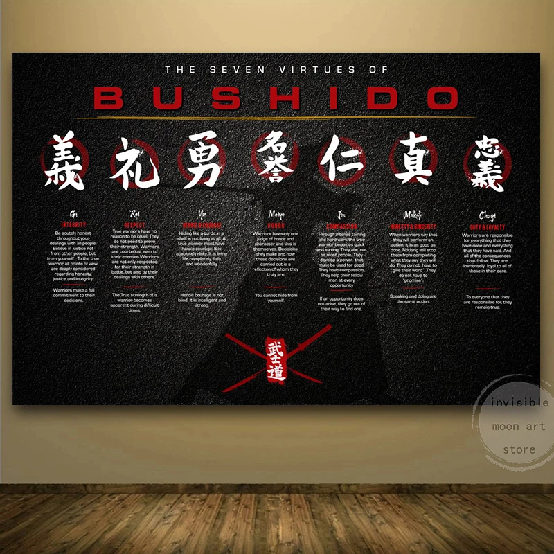 Pósteres de arte samurái japonés The Seven boncties of Bushido, pintura en lienzo, impresiones de pared, imagen para sala de estar, decoración del hogar