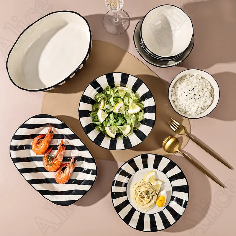 Black White Striped Ceramic Plate Salad Bowl Nordic Simple Spaghetti Dinner Plates Soup Bowls Solid Color Household Tableware