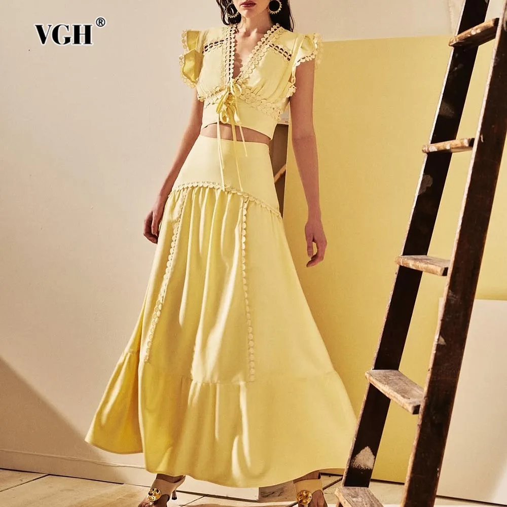 

VGH Богемный комплект из двух предметов для женщин V Nek Flying Sleeve Лоскутный топ с вырезом и высокой талией Юбка трапециевидной формы Повседневный женский костюм Новый