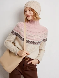 Damski sweter z kaszmiru w stylu Vintage Faire Isle Sweter żakardowy Gruby sweter z dekoltem w szpic Jesień Zima 100% dzianina z kaszmiru