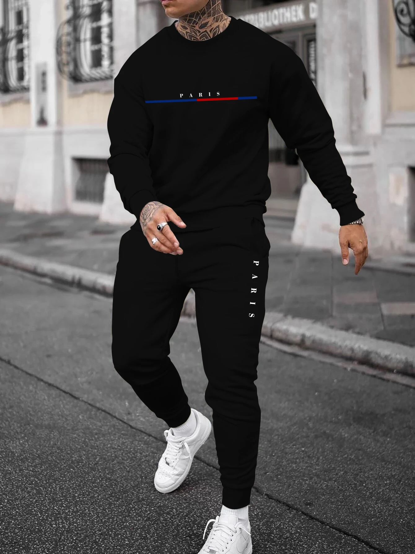 Trendy Men New Sweatshirt Sweatpants Set Autumn and Winter Loose Casual Printed Fit Hundred Long Sleeve Sweatshirt Set