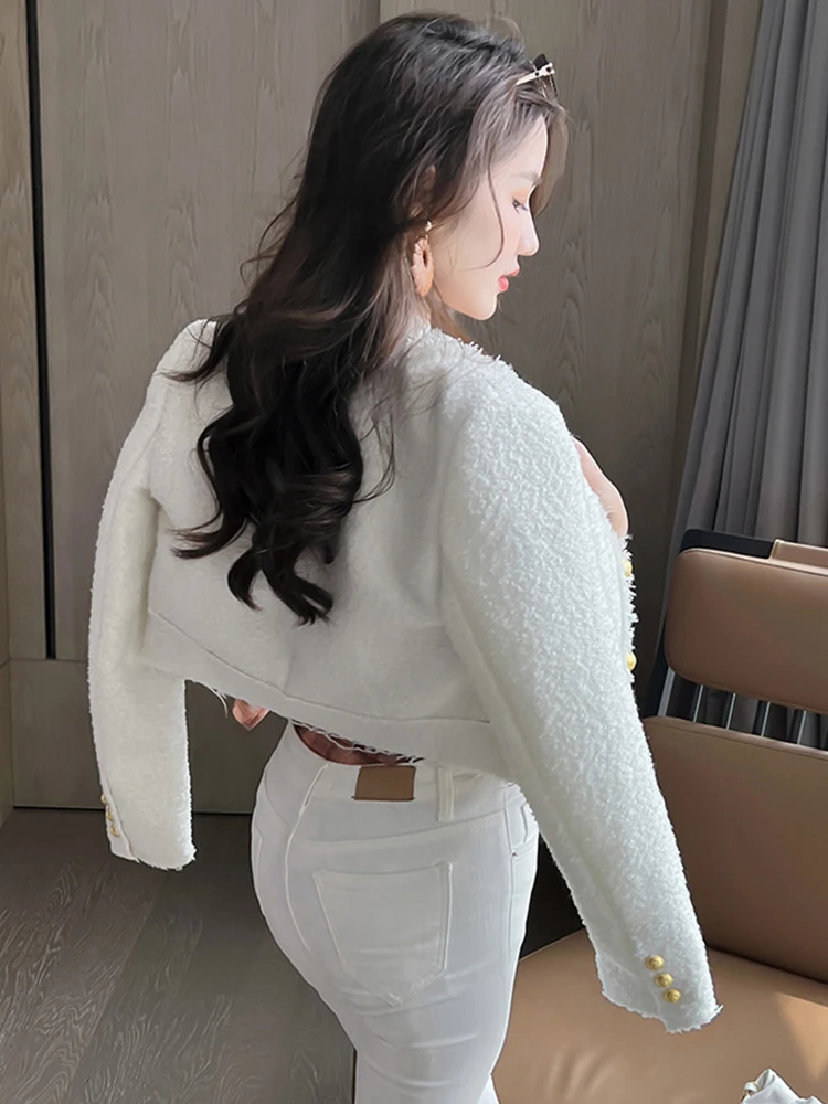 Fashion Short Jacket for Women Elegant White Blue Tweed Tops Coat Long Sleeve Buttons Femme Clothes Office Lady Street Outwear