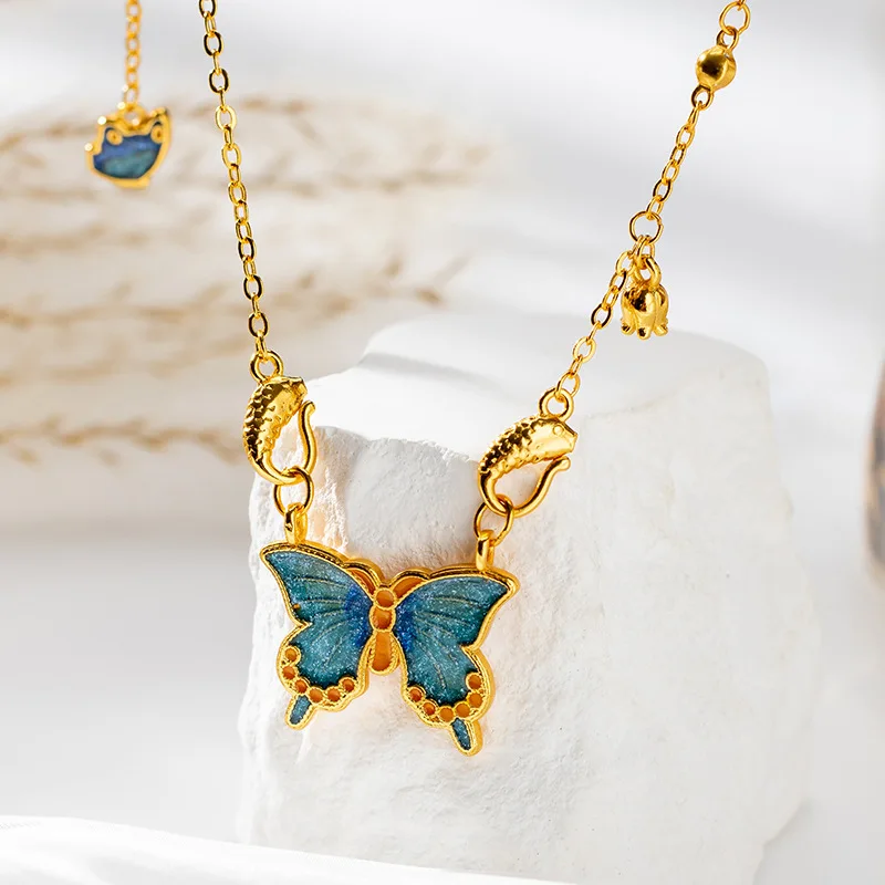 

Chinese Style Ancient Method Fired Blue Enamel Colorful Butterfly Collarbone Chain Retro Jewelry Gift