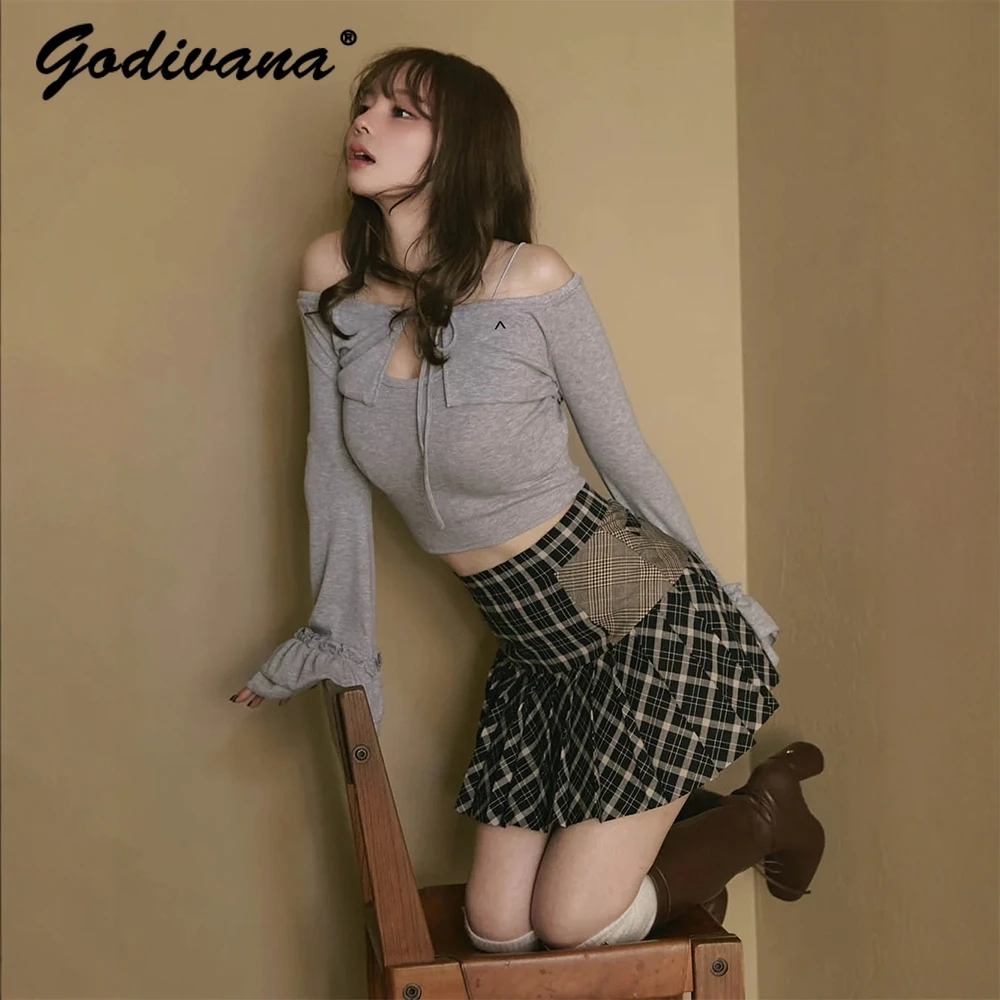 

Japanese New Autumn Women's Sweet Flare Sleeve Gray Short Cardigan + Sling 2-piece Set Slim-Fit Girls Casual Shirt Tops