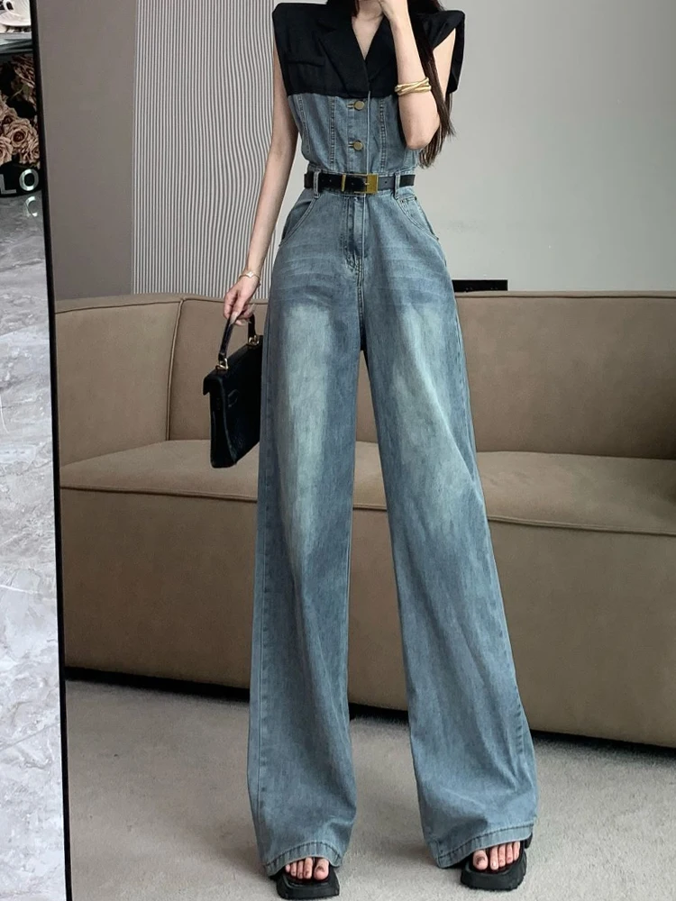 Women Summer Elegant Polo Neck Jumpsuits Straight Denim Sleeveless Single Breasted High Waist Wide Legs Pants 2024 New Fashion