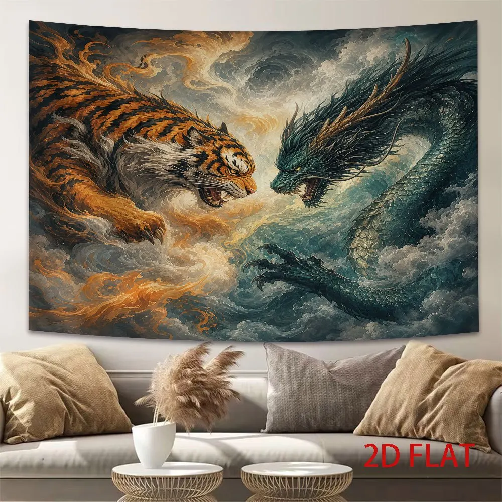 Myth Dragon Tiger Tapestry,Chinese Style Dragon Tiger Fight Cloud Surge,Vintage Oriental Art Wall Hanging for Bedroom Dorm Decor